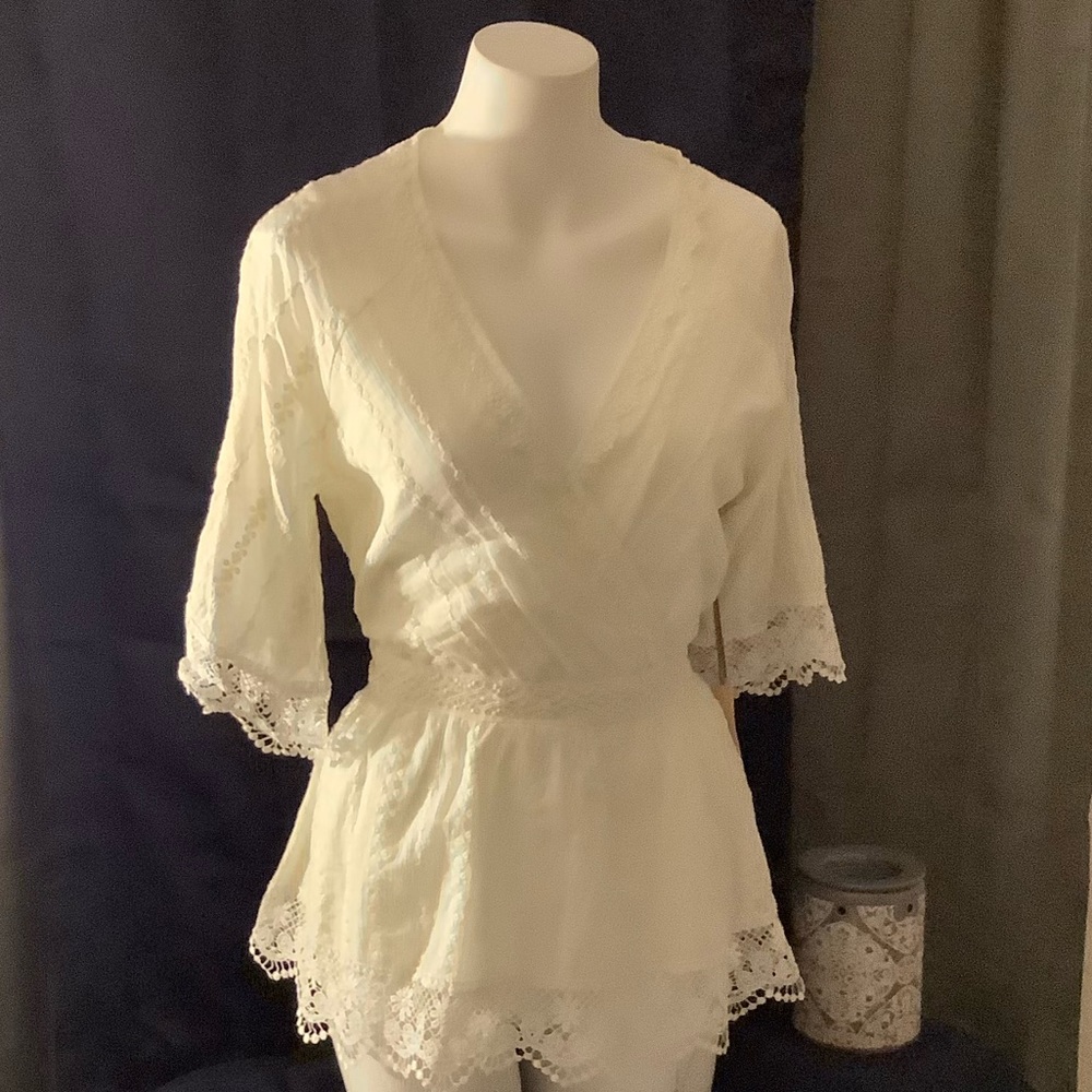 Off-White Wrap Shirt with Lace Trim